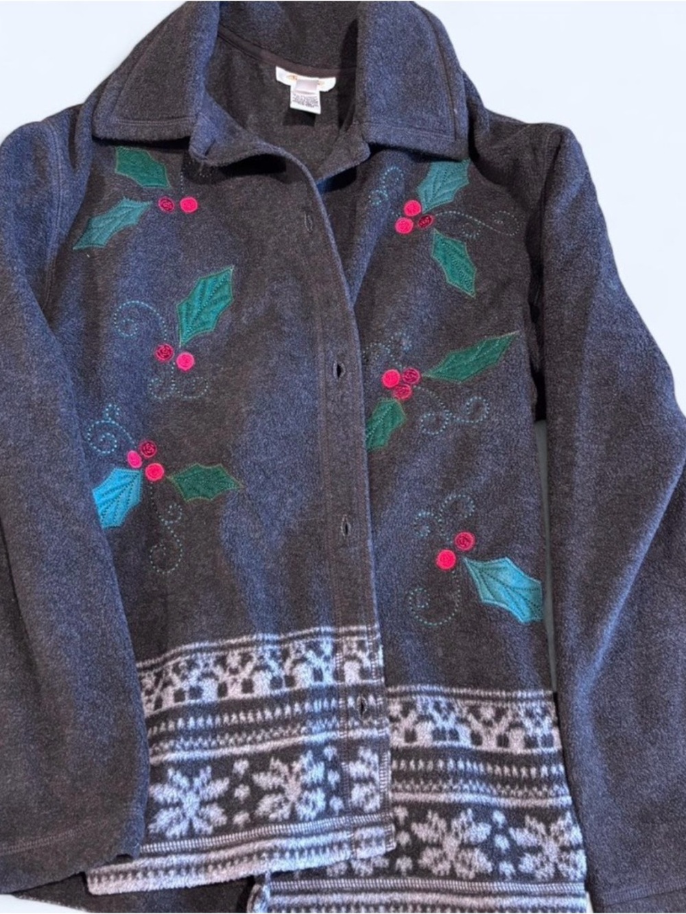 Talbots Dark Gray Holiday Holly Embroidered Cardigan Sweater